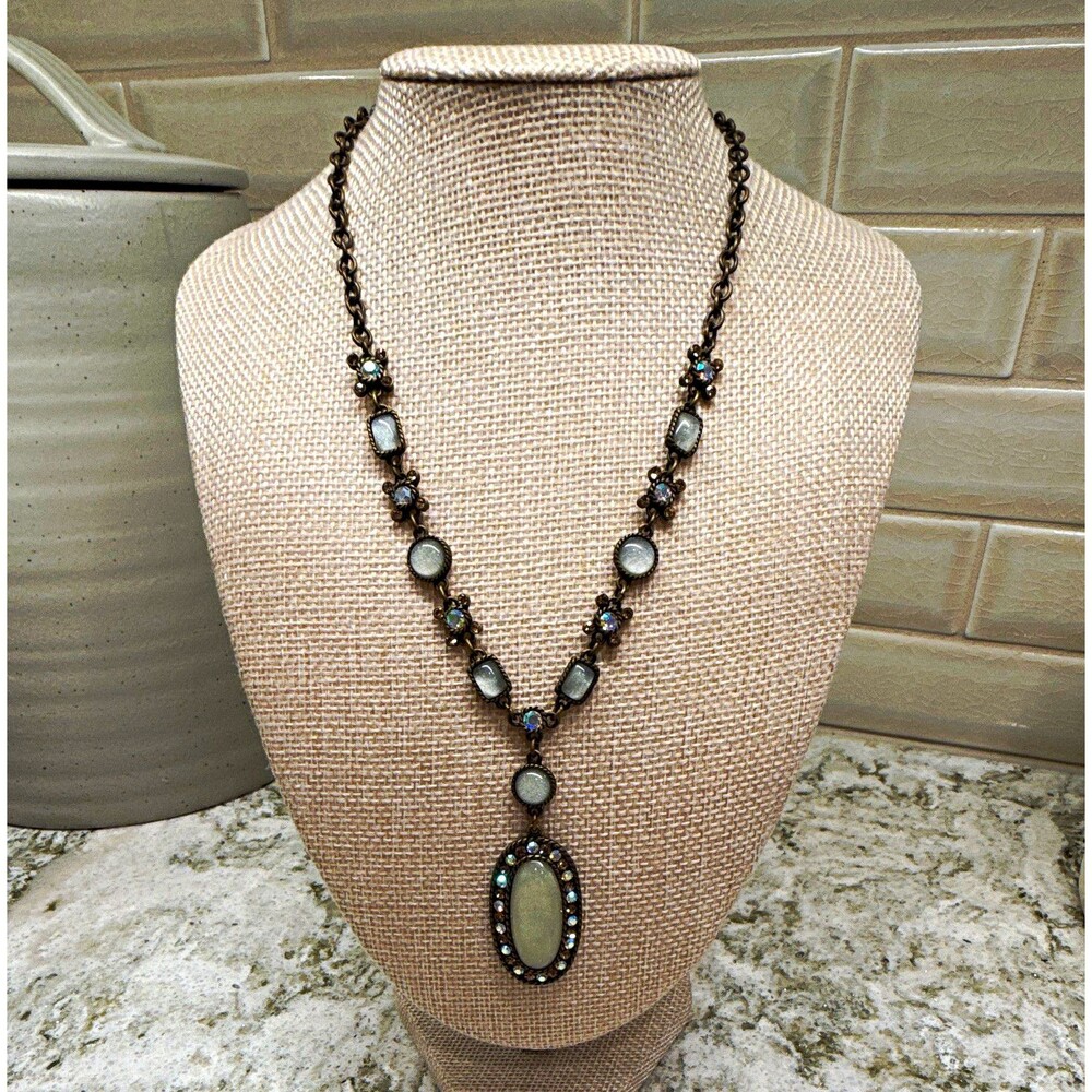 Vintage Avon antiqued bronze-tone necklace opalescent cabachon drop pendant